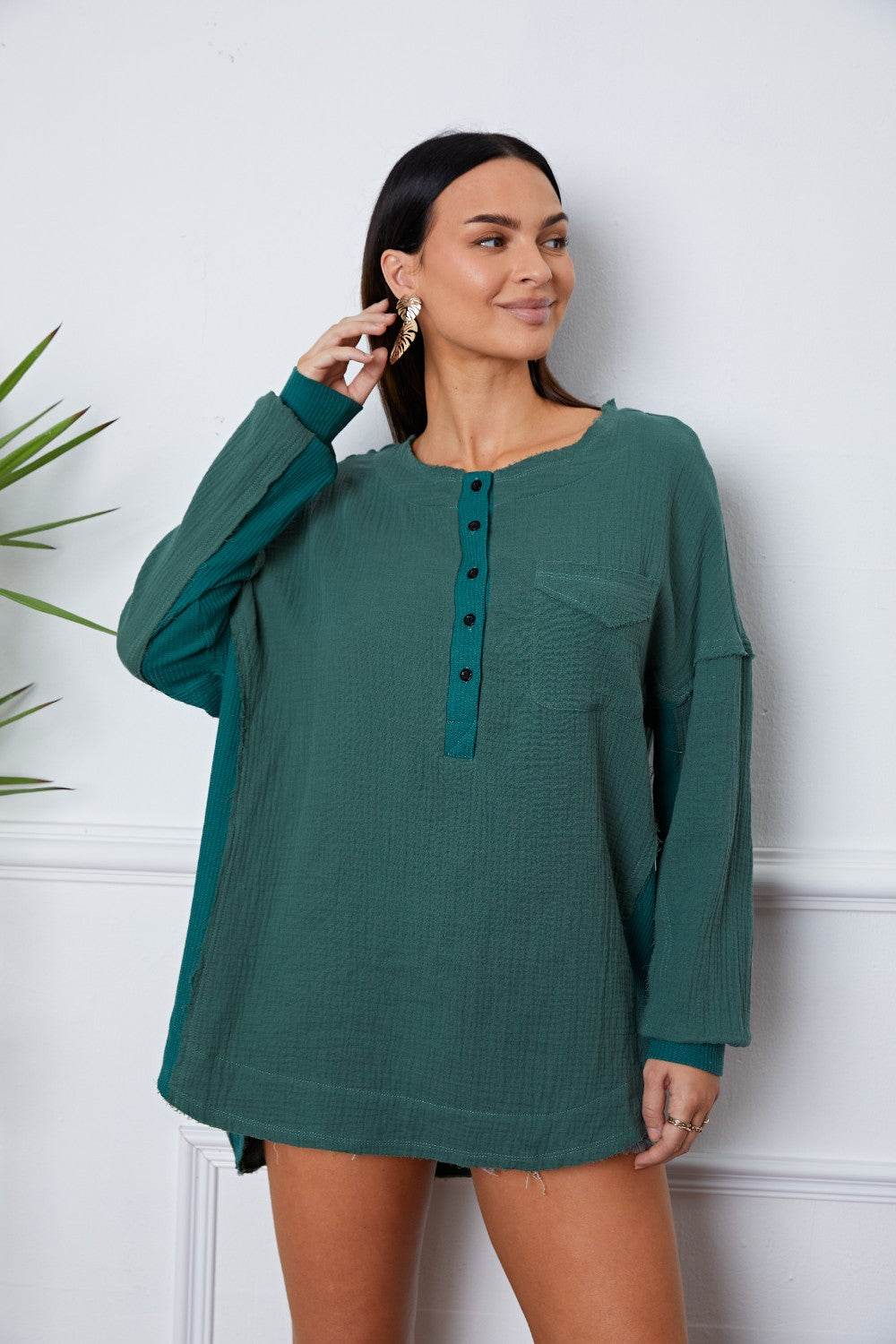 Half Button Up Round Neck Blouse for a perfect OOTD – dress to impress outfits from Amexza