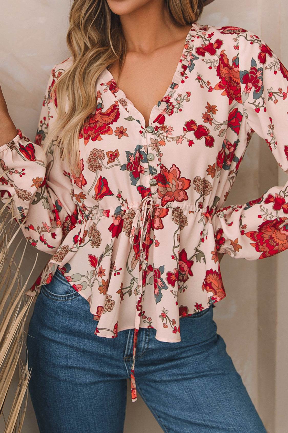 Floral V-Neck Drawstring Peplum Blouse - Amexza
