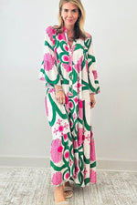 Printed Notched Long Sleeve Maxi Dress - Amexza