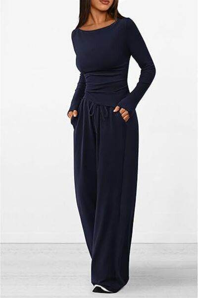 Round Neck Long Sleeve Top and Pants Set Navy for a perfect OOTD – dress to impress outfits from Amexza