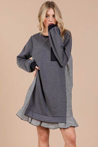Ces Femme Striped Patchwork Round Neck Terry Sweatshirt Dress for a perfect OOTD – dress to impress outfits from Amexza