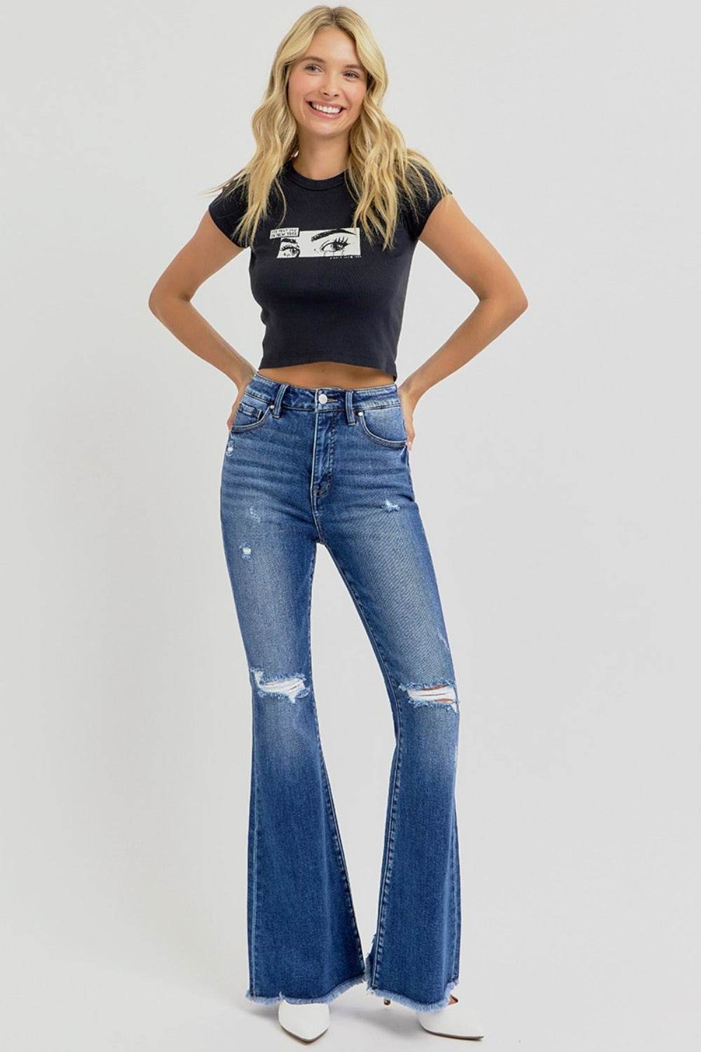 RISEN Full Size High Rise Distressed Raw Hem Flare Jeans - Amexza