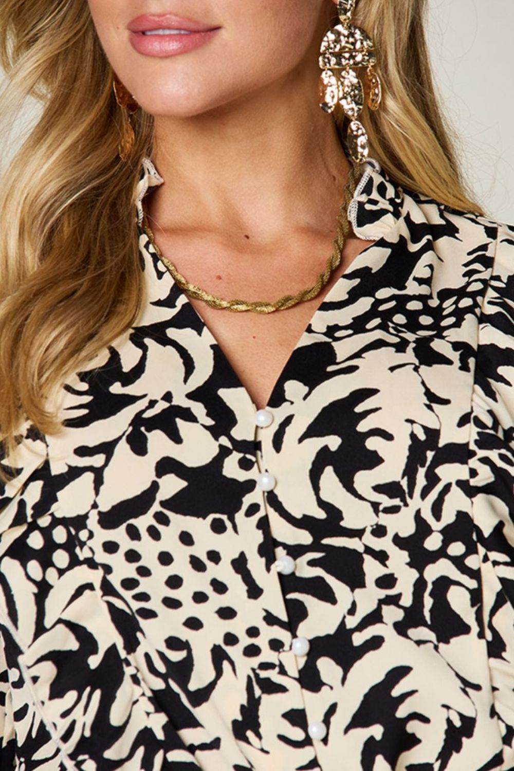 Double Take Full Size Printed Ruffle Trim Balloon Sleeve Shirt - Amexza