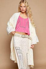 POL Flower Lace Trim Open Front Longline Cardigan - Amexza