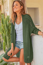 Openwork Side Slit Open Front Long Sleeve Cardigan - Amexza