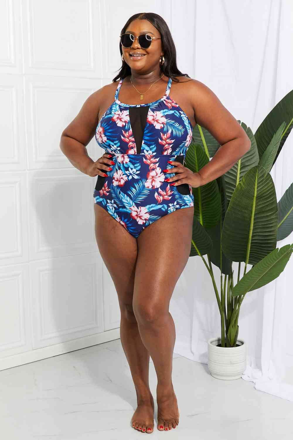 Floral Crisscross Spliced Mesh One-Piece Swimsuit for a perfect OOTD – dress to impress outfits from Amexza