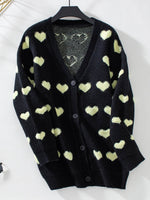 Heart V-Neck Button Up Long Sleeve Cardigan - Amexza
