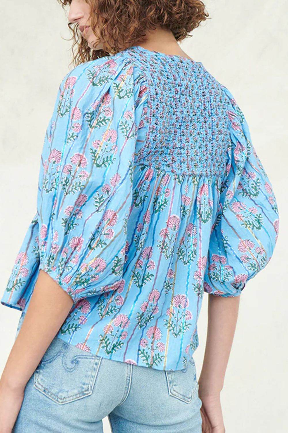 Smocked Floral Print Tie Neck Blouse - Amexza