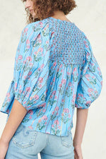 Smocked Floral Print Tie Neck Blouse - Amexza