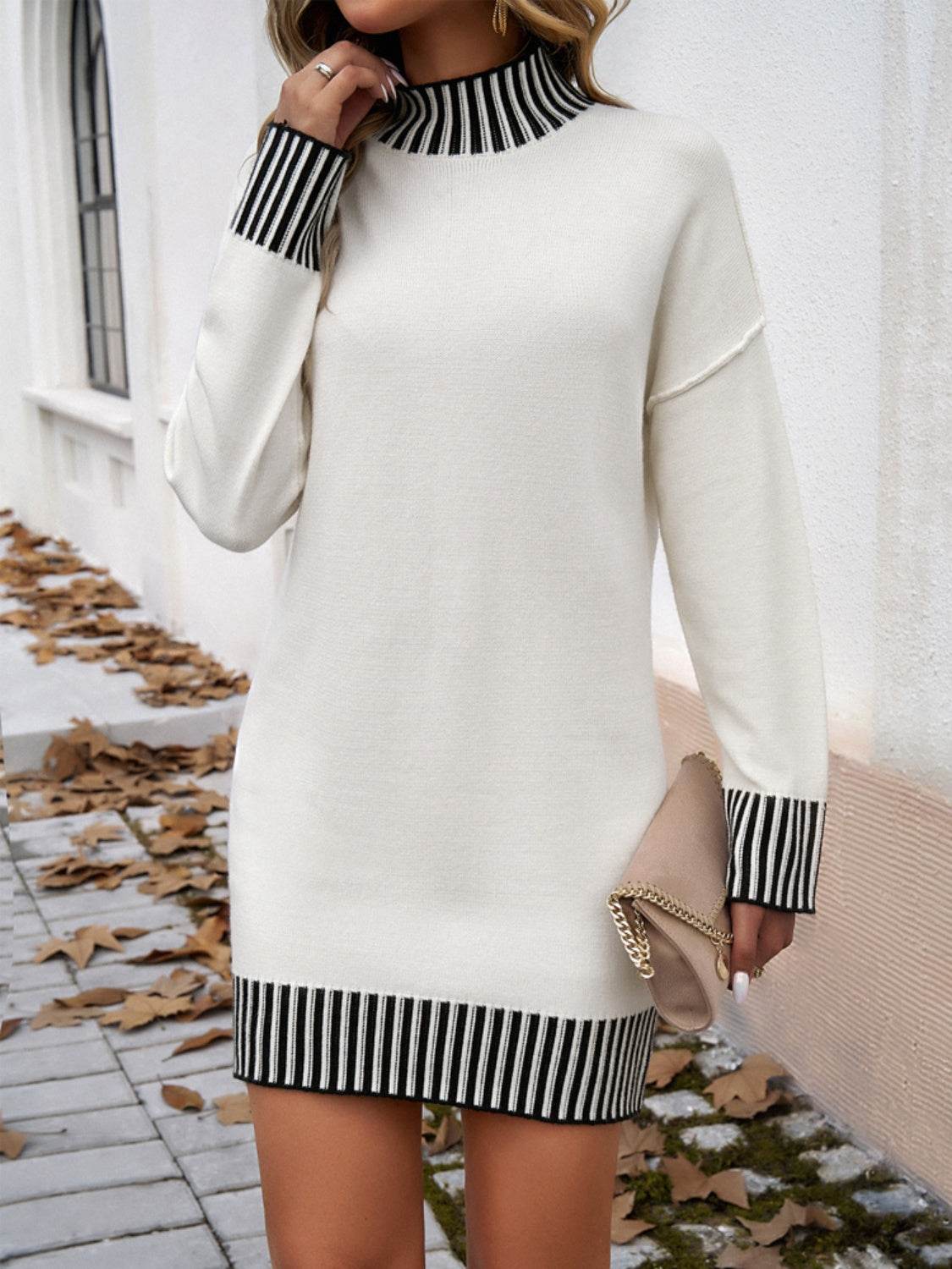 Devine Striped Mock Neck Long Sleeve Sweater Dress for a perfect OOTD – dress to impress outfits from Amexza
