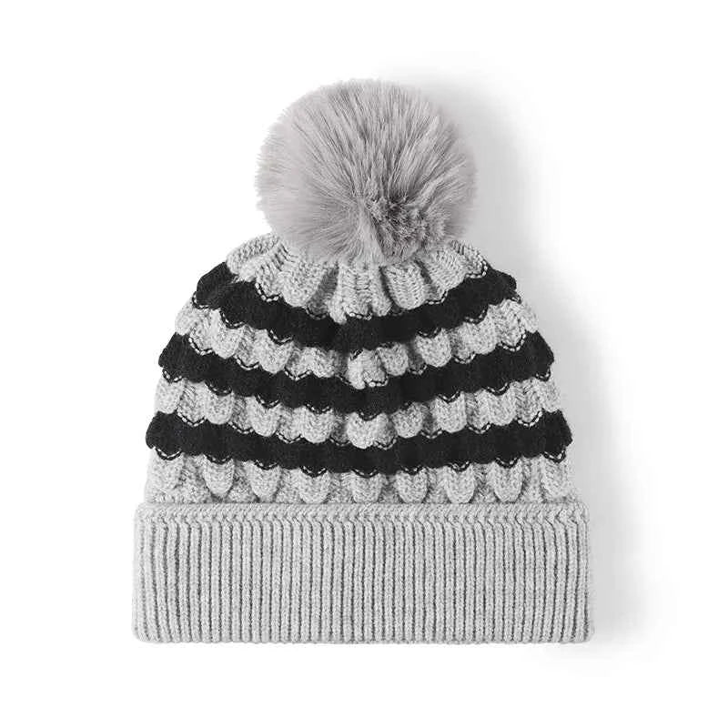 Striped Contrast Knit Hat with Pom-pom Gray One Size for a perfect OOTD – dress to impress outfits from Amexza
