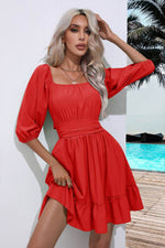 Square Neck Tie Back Ruffle Hem Dress - Amexza