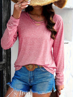 Crisscross V-Neck Long Sleeve T-Shirt - Amexza