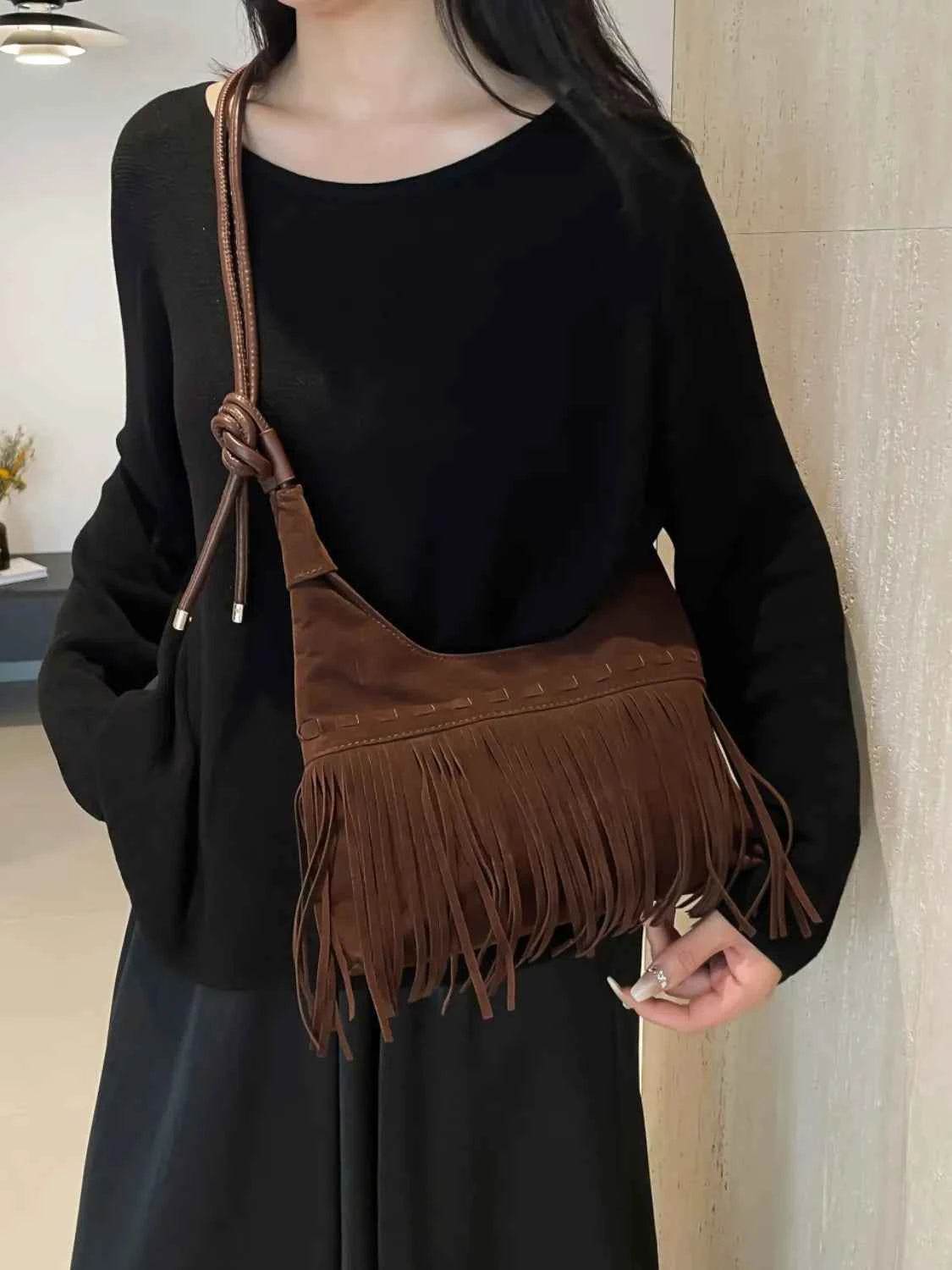 Fringe Knotted Strap Shoulder Bag Dark Brown One Size for a perfect OOTD – dress to impress outfits from Amexza