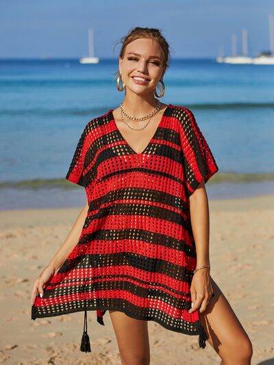 Angel Wings Tassel Openwork Striped V-Neck Cover Up for a perfect OOTD – dress to impress outfits from Amexza