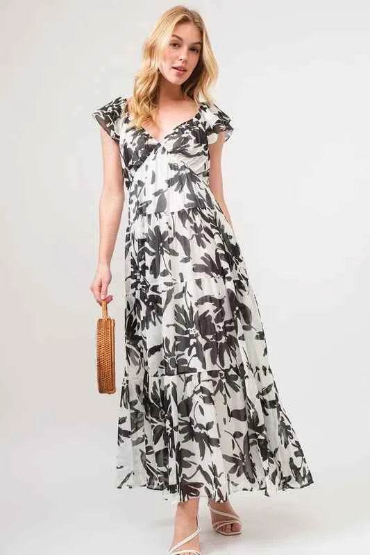 And The Why Ruffled Sleeve Tiered Floral Print Maxi Dress BLACK CREAM for a perfect OOTD – dress to impress outfits from Amexza