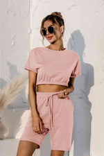 Short Sleeve Cropped Top and Drawstring Shorts Lounge Set Blush Pink for a perfect OOTD – dress to impress outfits from Amexza