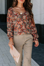 Peplum Tied Flora Long Sleeve Blouse - Amexza