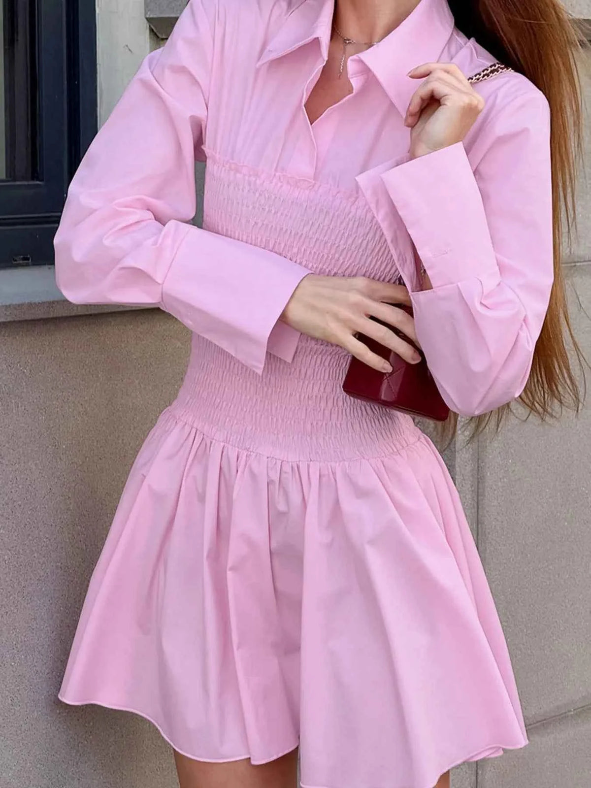 Smocked Long Sleeve Shirt Dress