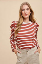 Annie Wear Striped Round Neck Puff Sleeve French Terry Top - Amexza