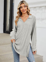 Slit Johnny Collar Long Sleeve T-Shirt - Amexza