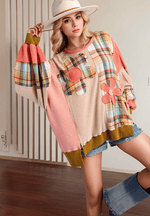 Slit Plaid Round Neck Long Sleeve Sweatshirt for a perfect OOTD – dress to impress outfits from Amexza