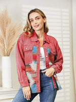 Dropped Shoulder Long Sleeve Printed Denim Jacket Watermelon pink for a perfect OOTD – dress to impress outfits from Amexza