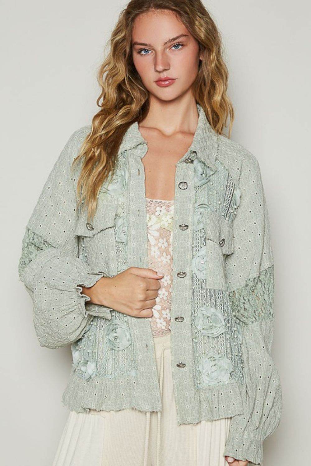 POL Eyelet Flower Pearl Detail Lace Patchwork Shirt SAGE for a perfect OOTD – dress to impress outfits from Amexza