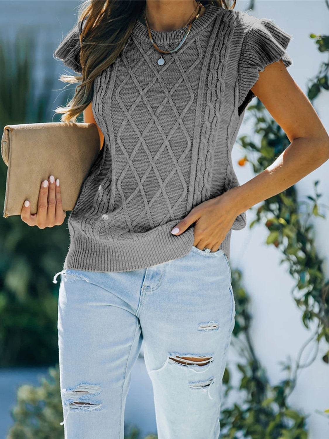 Round Neck Cap Sleeve Sweater Dark Gray for a perfect OOTD – dress to impress outfits from Amexza