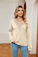 Contrast V-Neck Long Sleeve Blouse - Amexza