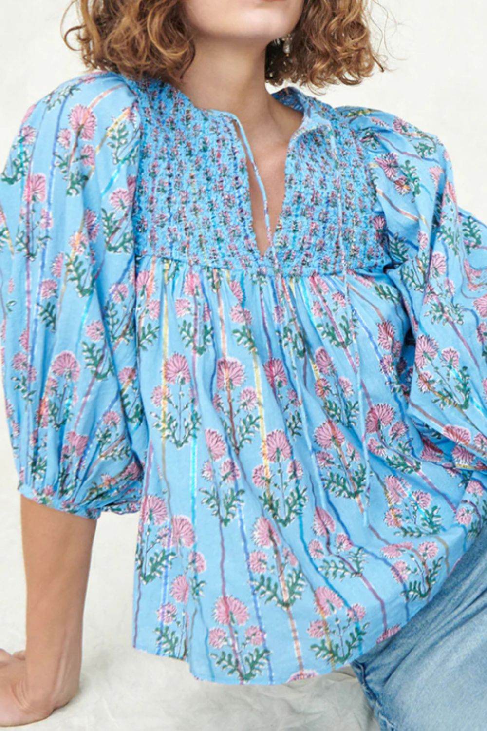 Smocked Floral Print Tie Neck Blouse - Amexza
