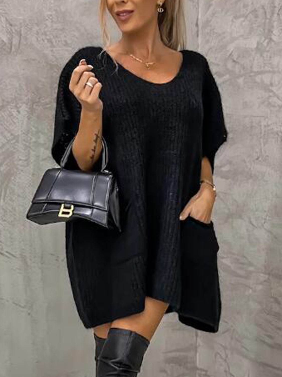 Short Sleeve Sweater Dress with Pockets Black for a perfect OOTD – dress to impress outfits from Amexza