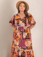 Plus Size Printed V-Neck Half Sleeve Maxi Dress - Amexza