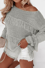 Fringe Boat Neck Long Sleeve Sweater Gray for a perfect OOTD – dress to impress outfits from Amexza