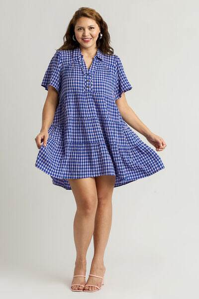Umgee Full Size Gingham Tiered Button Detail Short Sleeve Dress Plus Size for a perfect OOTD – dress to impress outfits from Amexza