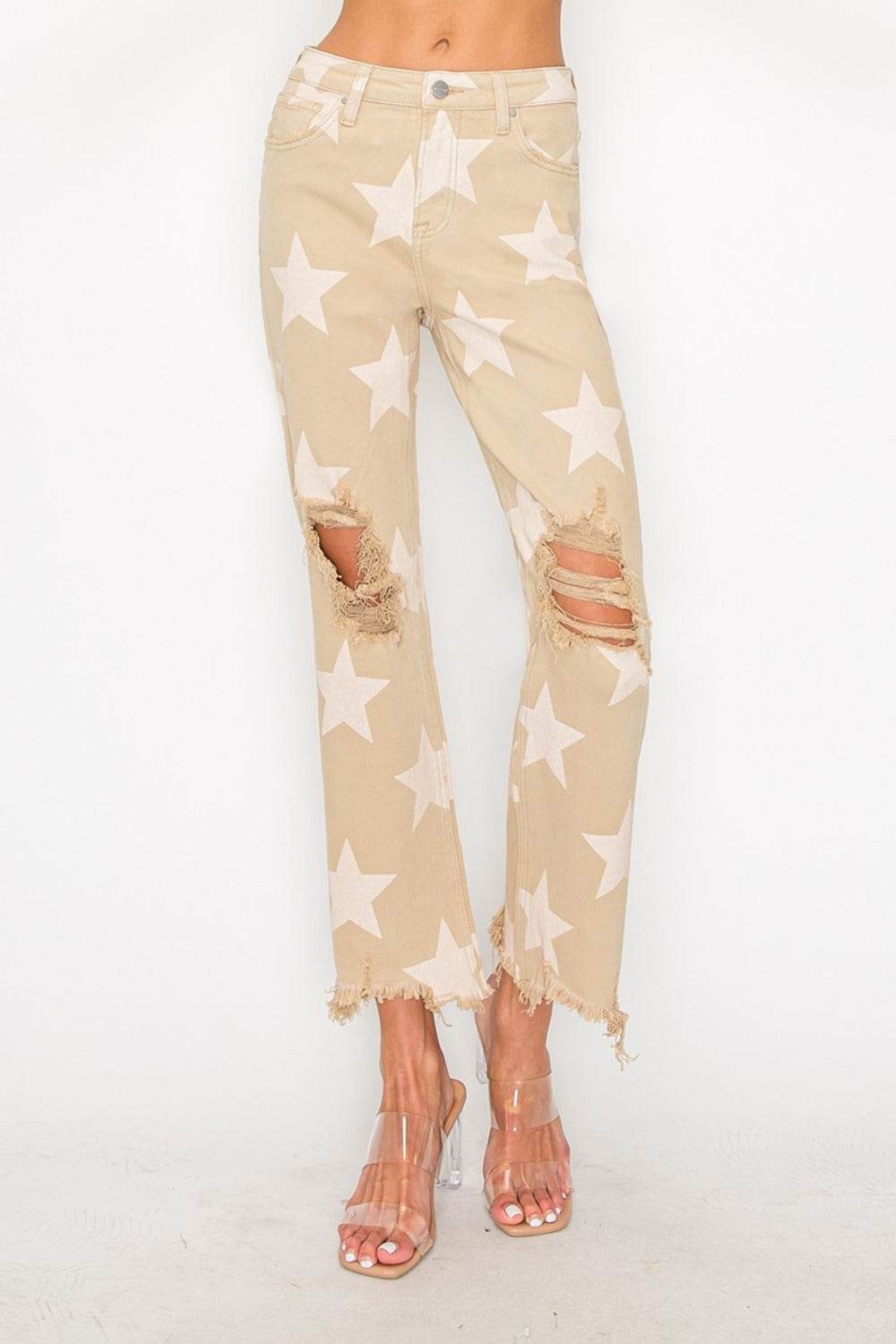 RISEN Full Size High Rise Star Printed Frayed Hem Jeans - Amexza