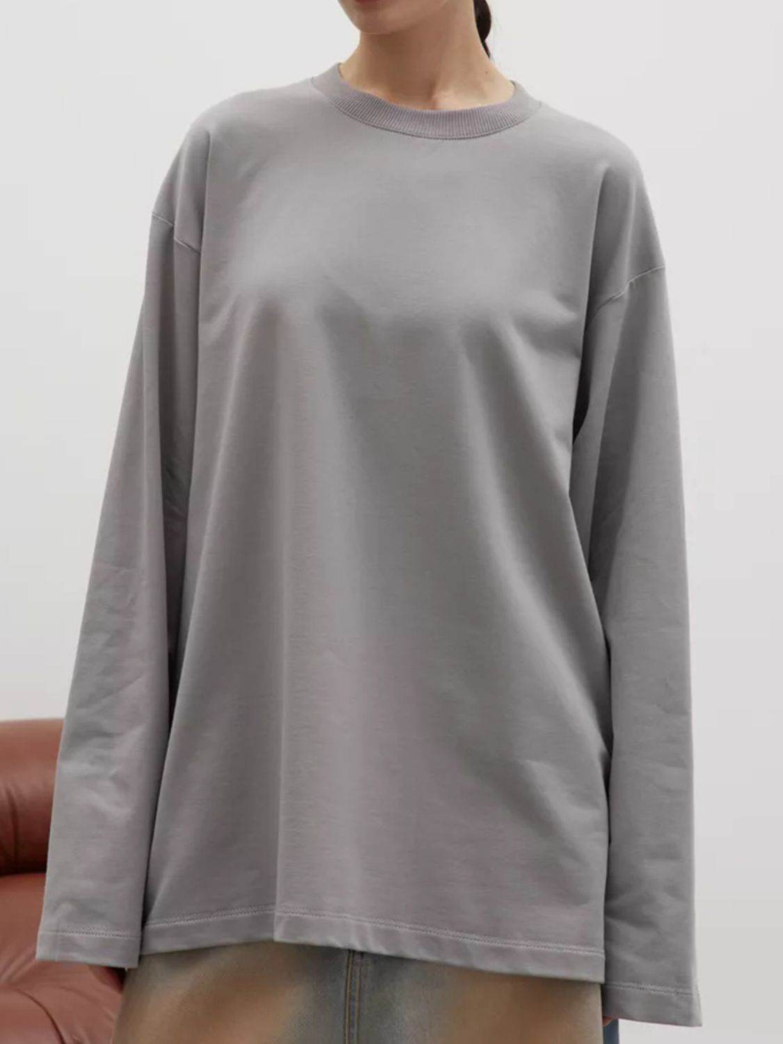 Round Neck Dropped Shoulder Long Sleeve T-Shirt - Amexza
