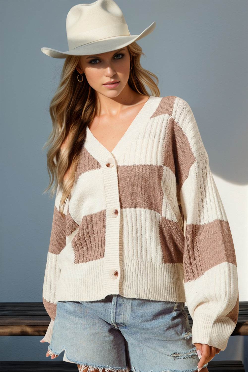 Double Take Full Size Checkered Dropped Shoulder Cardigan Mocha for a perfect OOTD – dress to impress outfits from Amexza