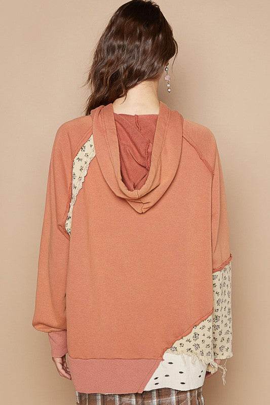 POL Floral Patchwork Distressed Drawstring Hoodie for a perfect OOTD – dress to impress outfits from Amexza