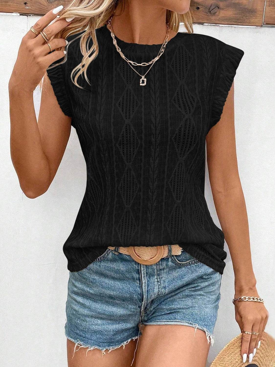 Openwork Round Neck Cap Sleeve Top - Amexza