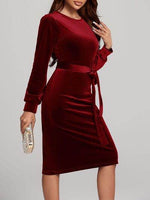 Round Neck Tie Waist Long Sleeve Velvet Dress for a perfect OOTD – dress to impress outfits from Amexza