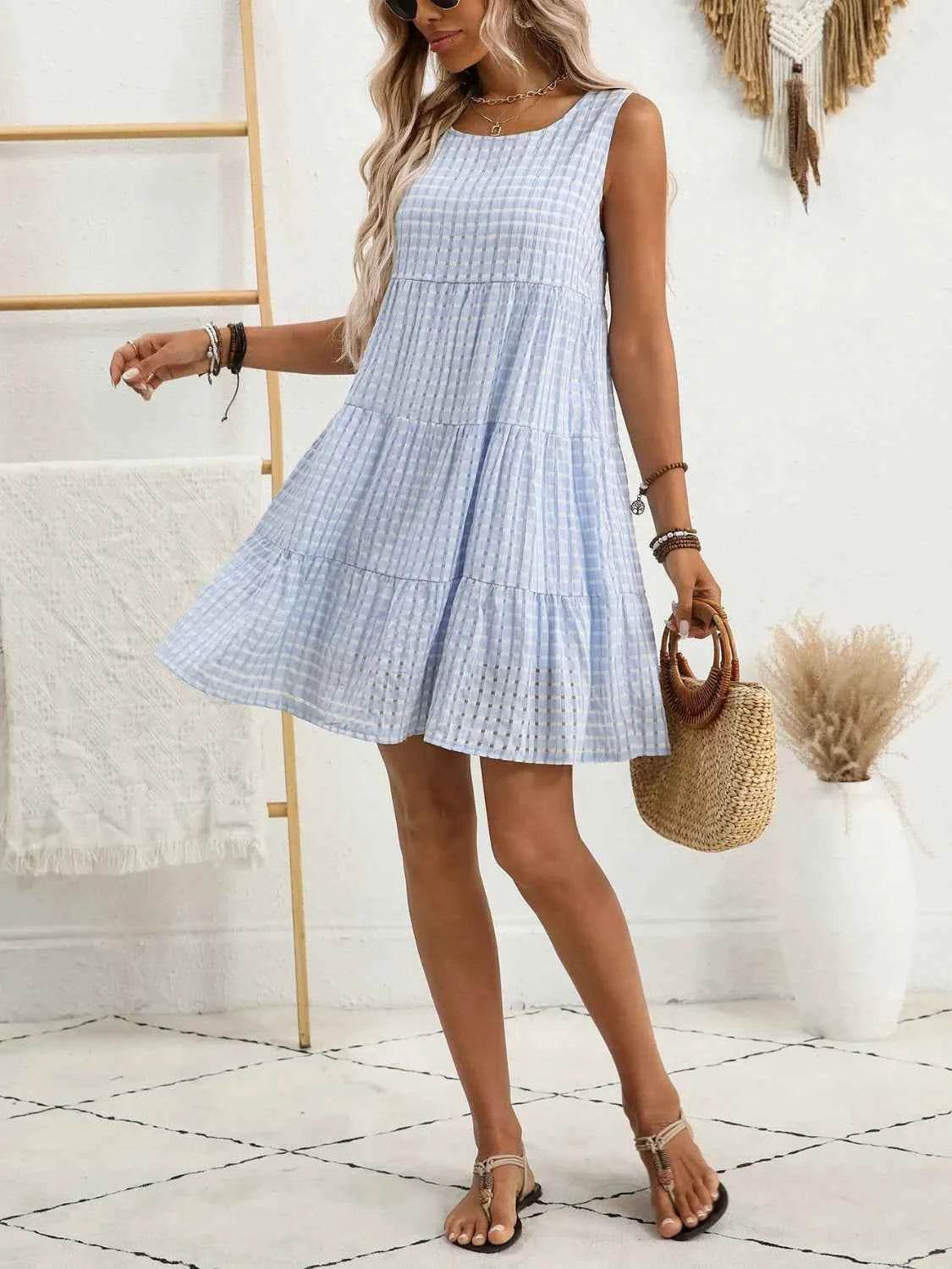 Plaid Round Neck Sleeveless Mini Dress for a perfect OOTD – dress to impress outfits from Amexza