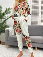 Shiny Printed Round Neck Top and Pants Lounge Set White for a perfect OOTD – dress to impress outfits from Amexza
