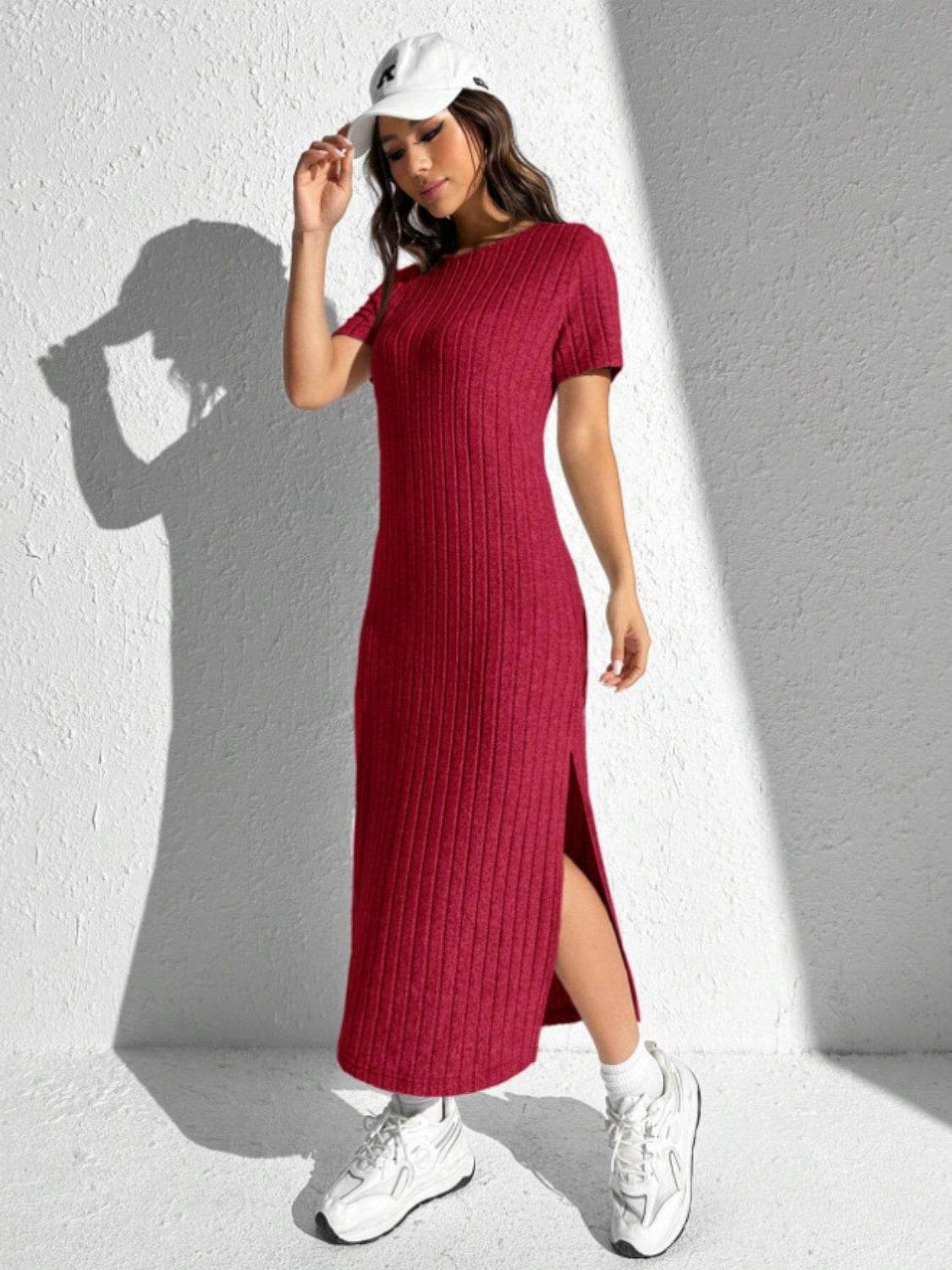 Slit Round Neck Short Sleeve Sweater Dress for a perfect OOTD – dress to impress outfits from Amexza