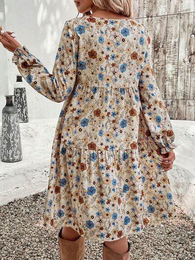 Tiered Floral Round Neck Long Sleeve Dress for a perfect OOTD – dress to impress outfits from Amexza
