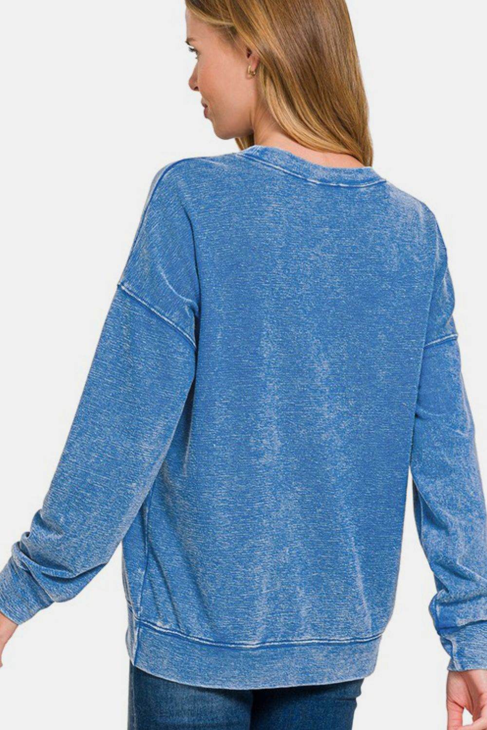 Zenana Washed Round Neck Dropped Shoulder Sweatshirt for a perfect OOTD – dress to impress outfits from Amexza