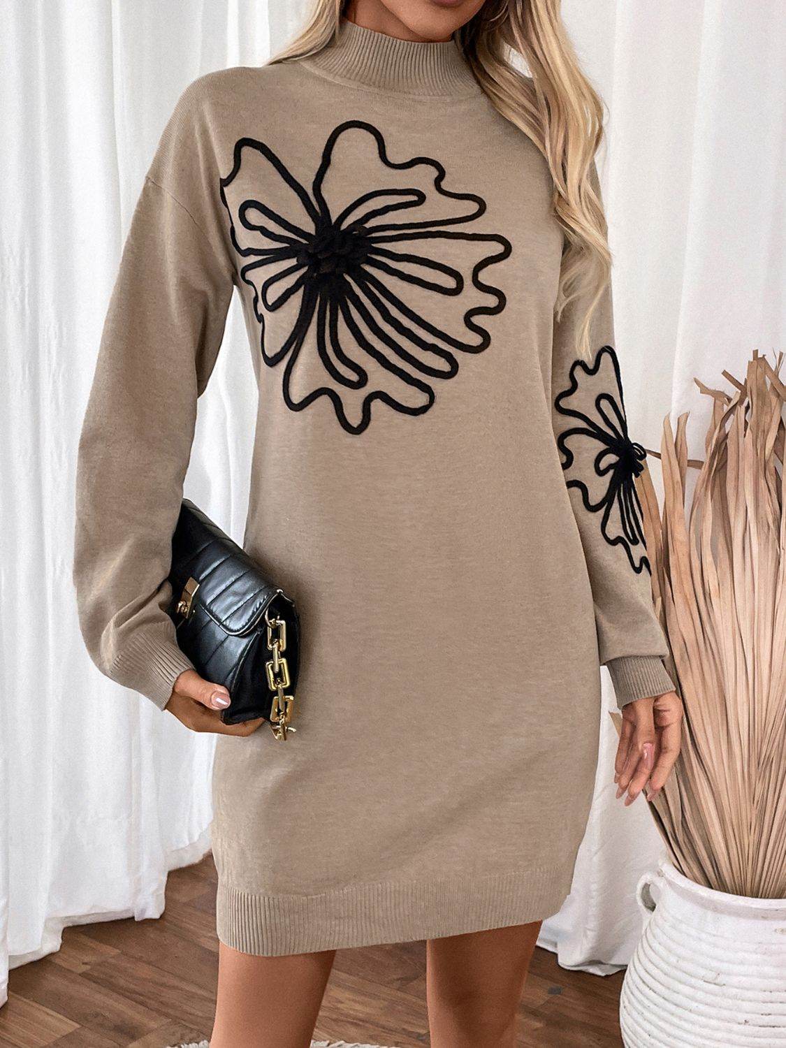 Perfee Flower Mock Neck Long Sleeve Sweater Dress for a perfect OOTD – dress to impress outfits from Amexza
