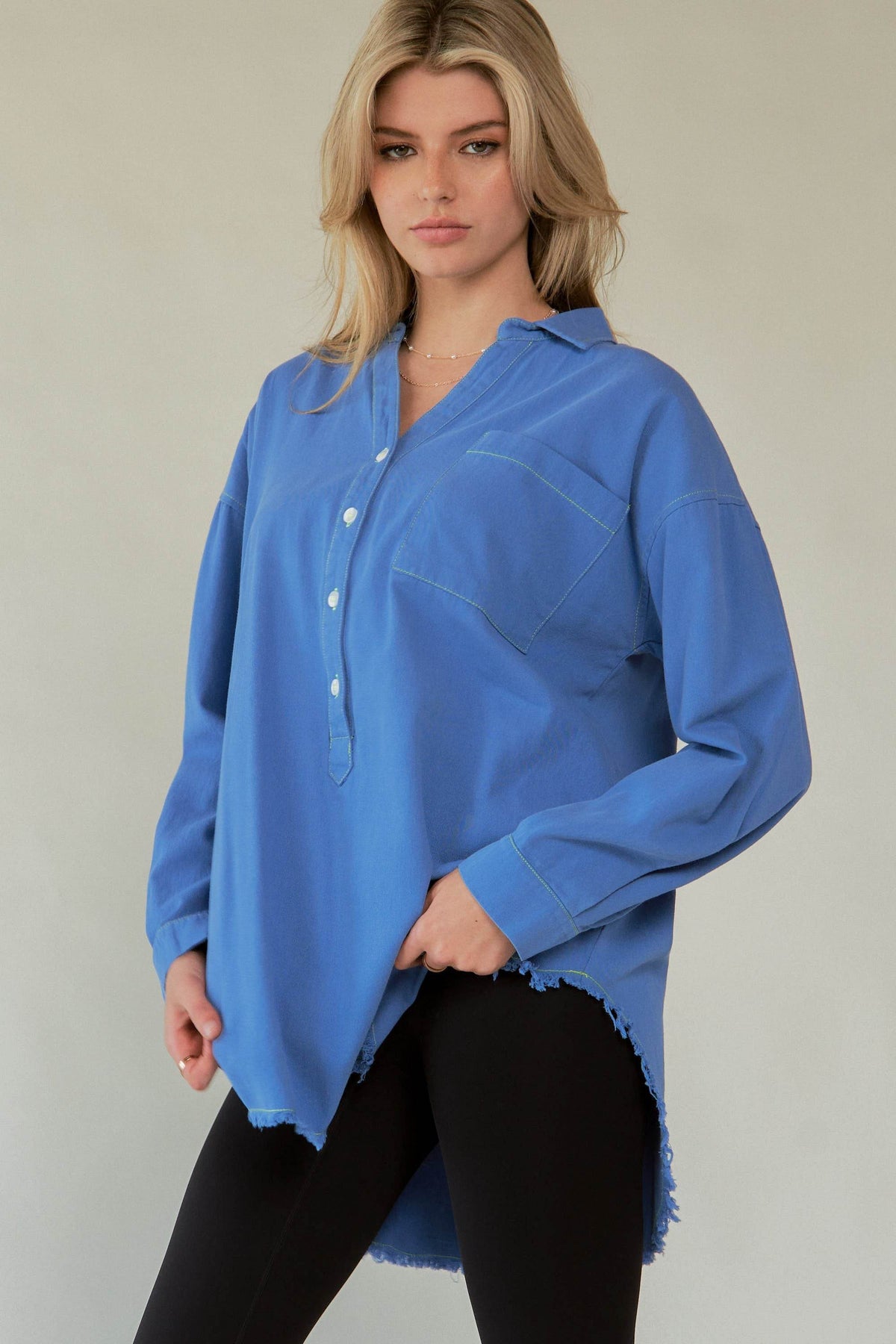 Davi & Dani Letter Back Raw Hem Half Button Shirt - Amexza