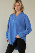 Davi & Dani Letter Back Raw Hem Half Button Shirt - Amexza
