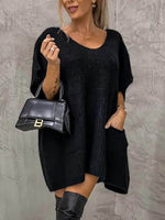 V-Neck Short Sleeve Sweater with Pockets Black for a perfect OOTD – dress to impress outfits from Amexza